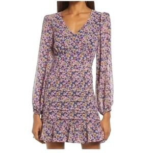 Floret Studios Floral Print Long Sleeve Mini Dress V Neck Ruched chiffon sz‎ L